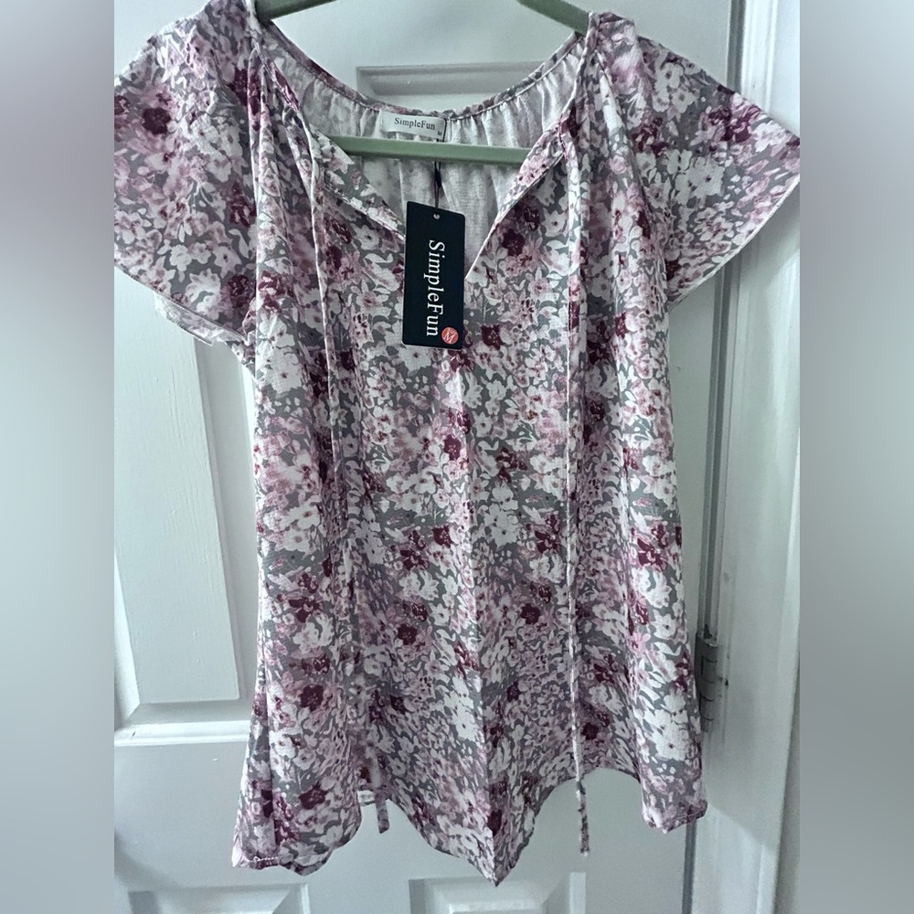 Simple Women's Floral Blouse - Purple and Gray